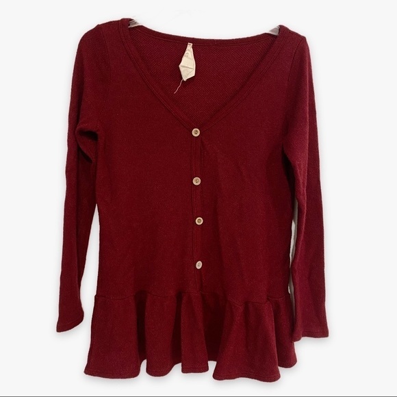 Fantastic Fawn | Peplum V Neck Sweater Maroon Size Small - Picture 2 of 6